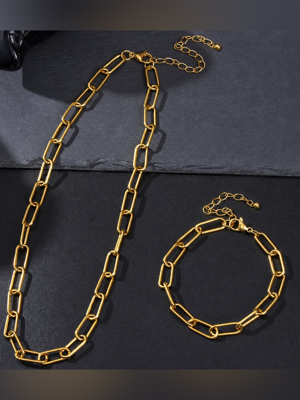 Gold Plated Stainless Steel Paperclip Chain Necklace & Bracelet Set